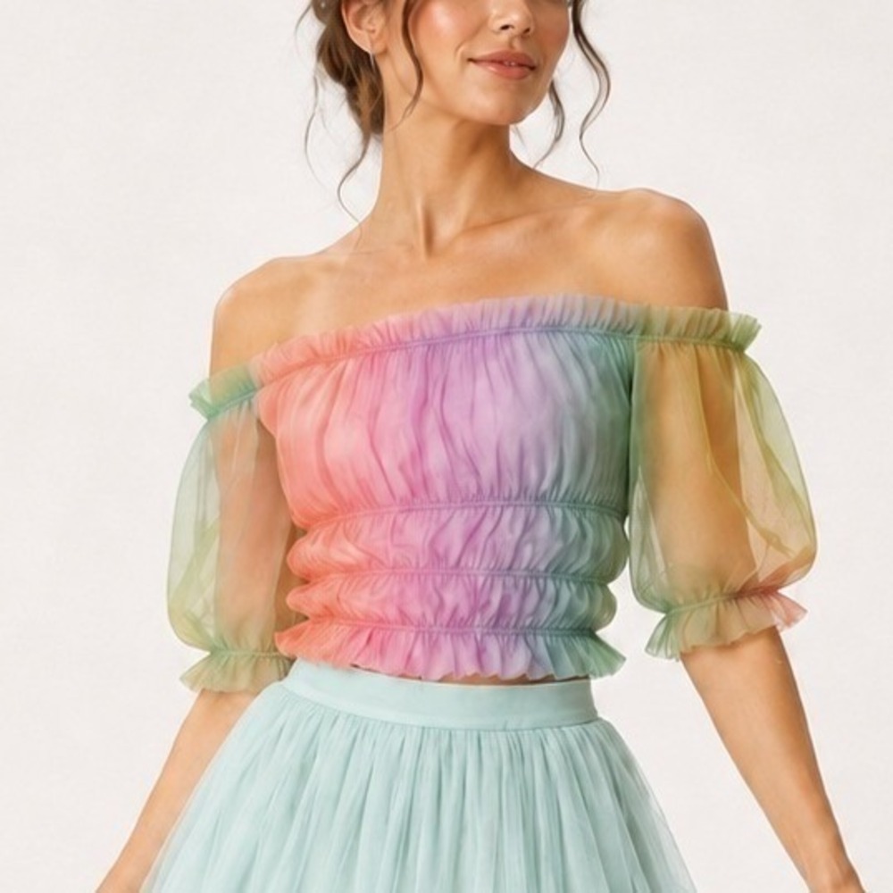 Lirika Matoshi Off Shoulder Rainbow Sheer Puff Sleeve Top Women's Size Small‎